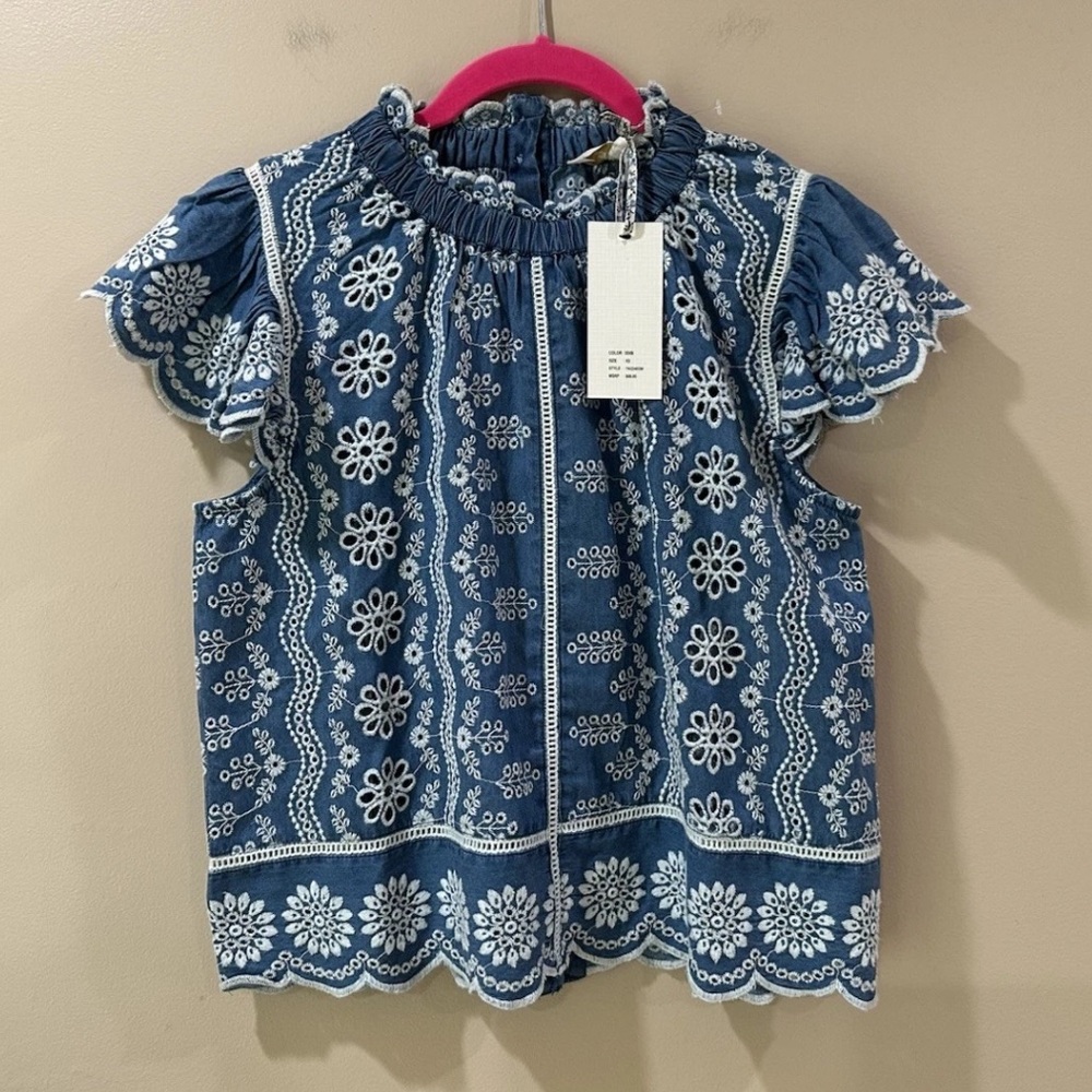 NWT Jennifer & Grace Eyelet Flutter Sleeve Cotton Top blue Parisian Women's XS